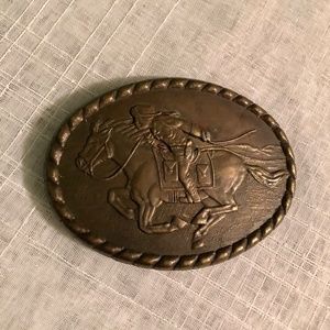 Vintage 1981 Commemorative Brass Belt Buckle Mervyn's Pony Express Rider
